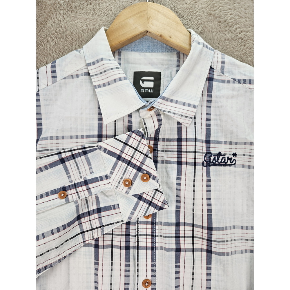 G-Star Raw Plaid Shirt Button-down Embroidered Logo Check Pattern Men's Size L